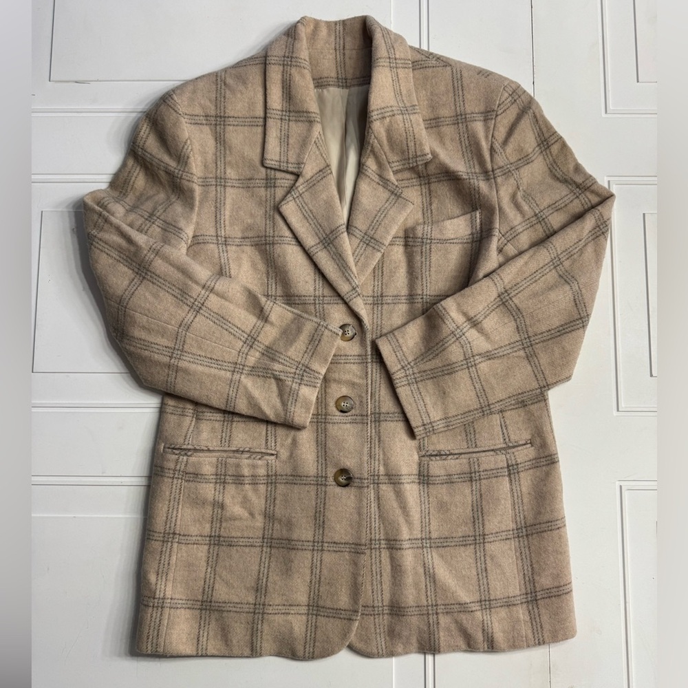 Women’s Size 12 Large Wool Tan Pea Coat Blazer Jacket Plaid Windowpane - Picture 1 of 5